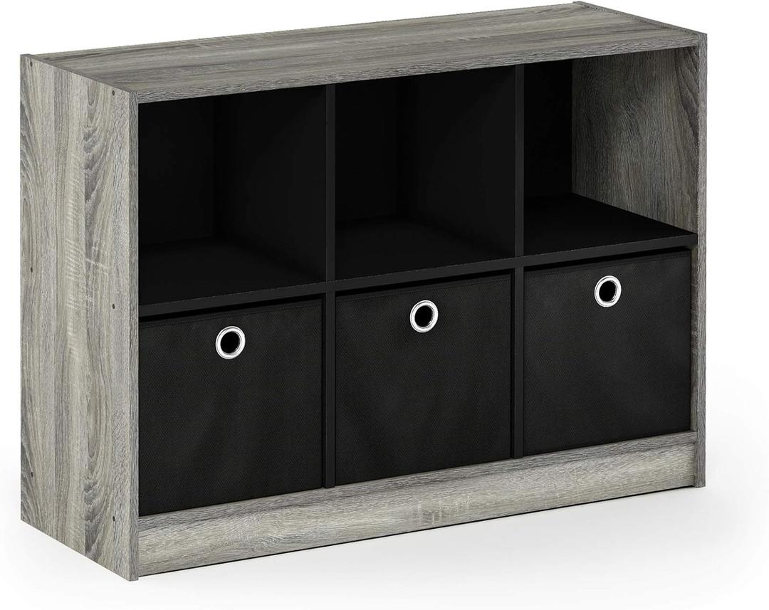 Furinno Basic 3x2 Cube Storage Bookcase Organizer with Bins, French Oak Grey/Black