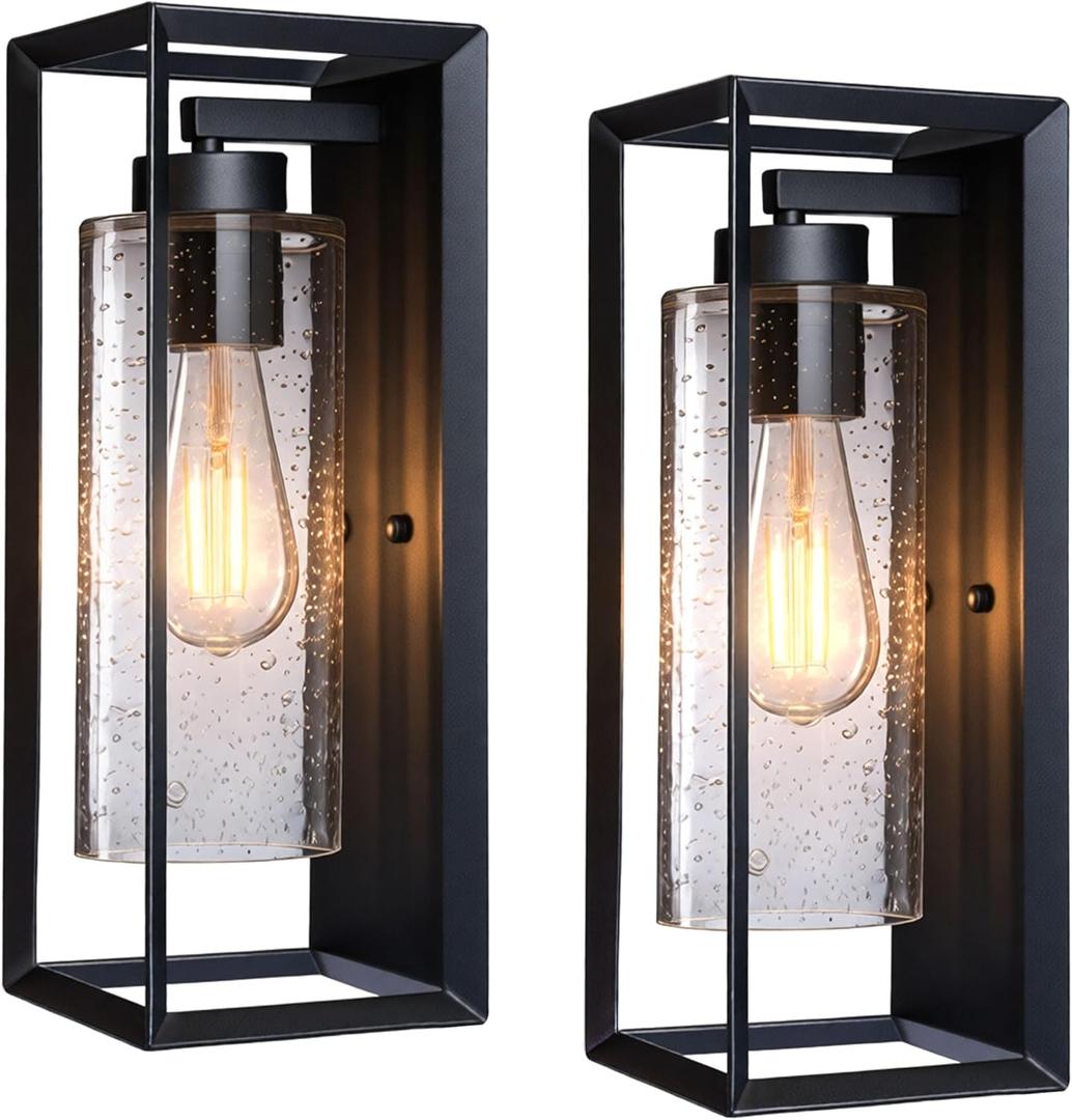 Outdoor Wall Light Fixture, 14 Inch Exterior Waterproof Wall Sconce with Clear Seeded Glass, E26 Base, Modern Matte Black, Front Door Porch & Garage Exterior Wall Lights, 2 Pack