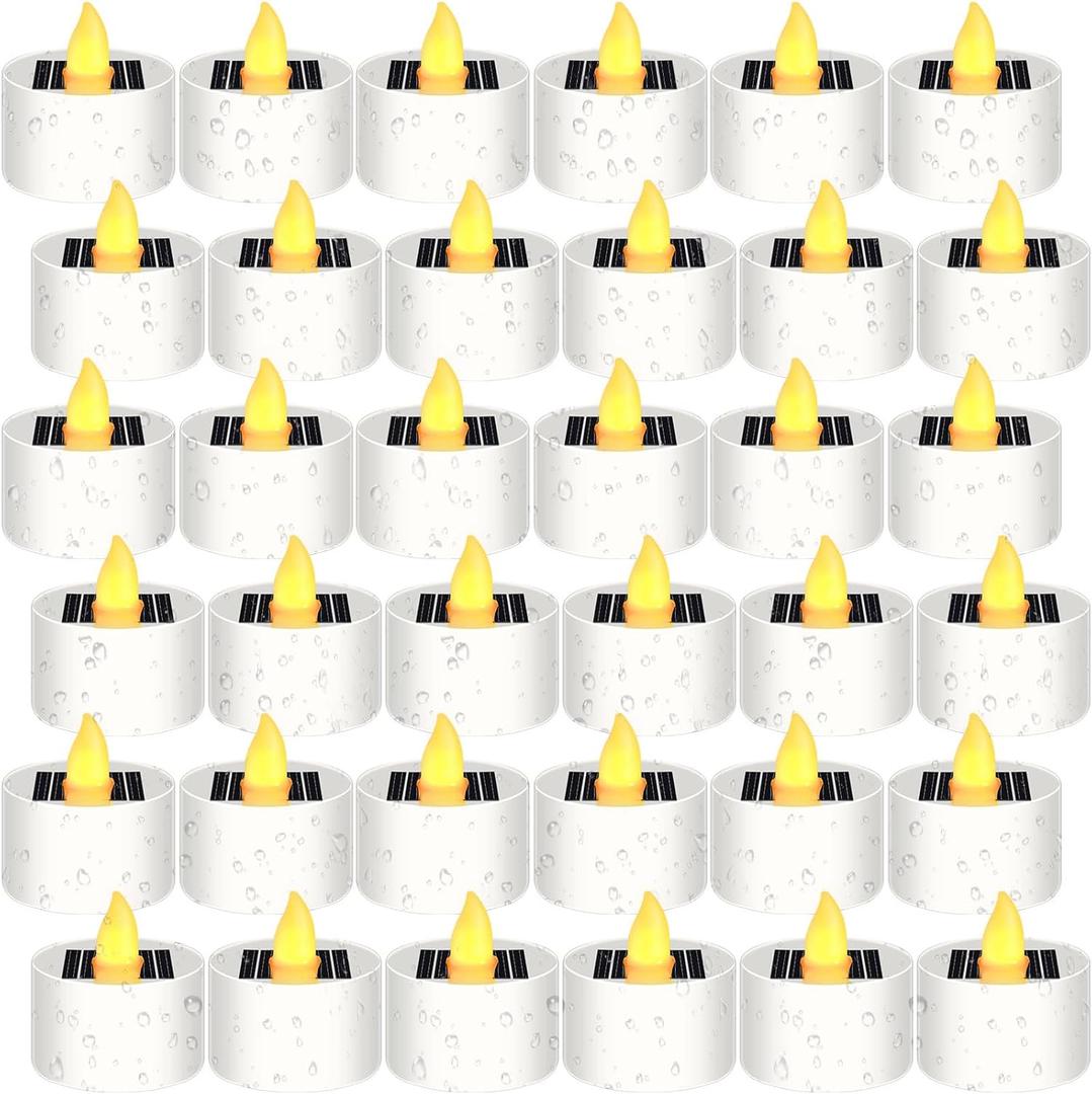 36 Pcs Solar Tea Lights Bulk Outdoor Waterproof Rechargeable Dusk to Dawn Lighting Small Valentine's Day Flameless Flickering LED Votive Candles for Garden Patio Party Lanterns (Amber)