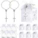 Bonuci 50 Packs Baptism Favors Set Acrylic Rosary Beads Faux Pearls with Organza Bags and Cross Baptism Favor Boxes Recuerdo De Boda Y Bautizo for Christening Weddings Party Favors(Silver,Pearl)