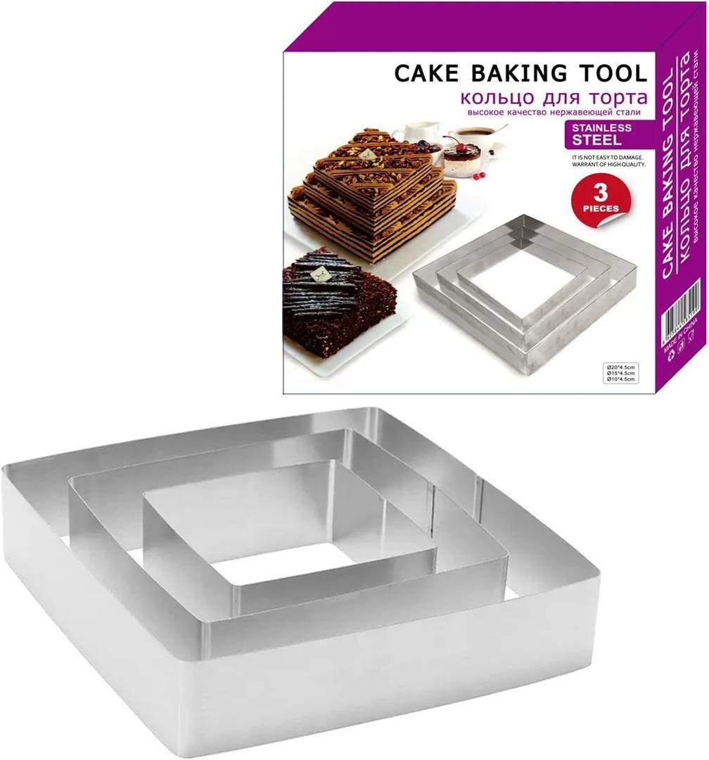 Cake molds, 4/6/8-inch square cake molds, 3 sets of rectangular cookie knife sets, stainless steel cookie knives, used for cooking crispy cookies, eggs, pastry mousse desserts (silver - square)