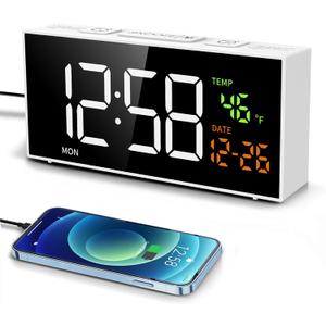 Netzu Alarm Clocks for Bedrooms, Digital Alarm Clock with Date Temperature and Weekday, Manual DST, Snooze, 2 Alarms, 4 Volumes for Living Room Home Bedside Desk White