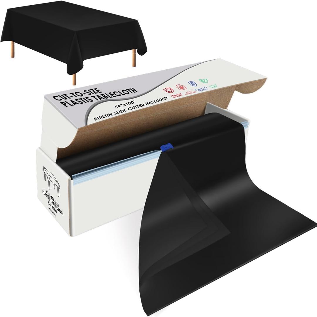 Black Disposable Plastic Table Cloth Roll 54" X 100', Plastic Table Cover with Cutter Box, Cut to Size Disposable Tablecloth for Parties