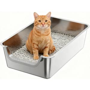 Stainless Steel Litter Box,Extra Large Metal Cat Litter Box with High Sides for Indoor Big Cats,Jumbo XL Washable Kitty Litter Boxes with Low Entry for Kittens&Senior Cats,Non Stick (Short-Side Entry)