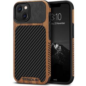 TENDLIN Compatible with iPhone 13 Case Wood Grain with Carbon Fiber Texture Design Leather Hybrid Case Compatible for iPhone 13 6.1-inch Released in 2021 Black