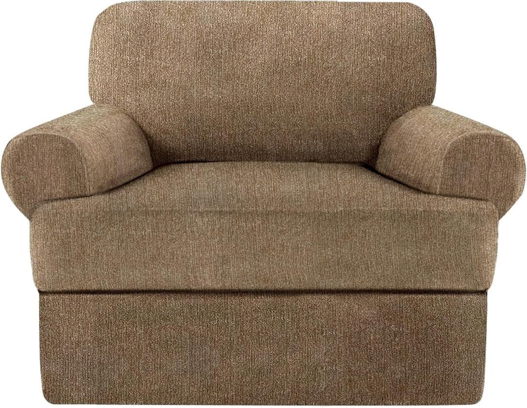 Jcones 2 Pieces T Cushion Chair Covers with Arms Super Stretch Chair Slipcover for Living Room Pet Dog Universal Slip Cover Anti Slip Armchair Furniture Protector (Brown, 1 Cushion)