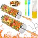 Rolling Grilling Baskets 2 PCS, Stainless Steel BBQ Net Tube Baskets with Oil Sprayer BBQ Accessories Tools for Vegetable Fish Meat Food Camping, Gifts for Men Dad and Husband