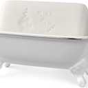 6.5" Ceramic Mini Decorative Clawfoot Bathtub Bar Soap Dish, Kitchen Sponge Holder and Shower Tray for Bathroom, 1 Pack (White Silver Rim)