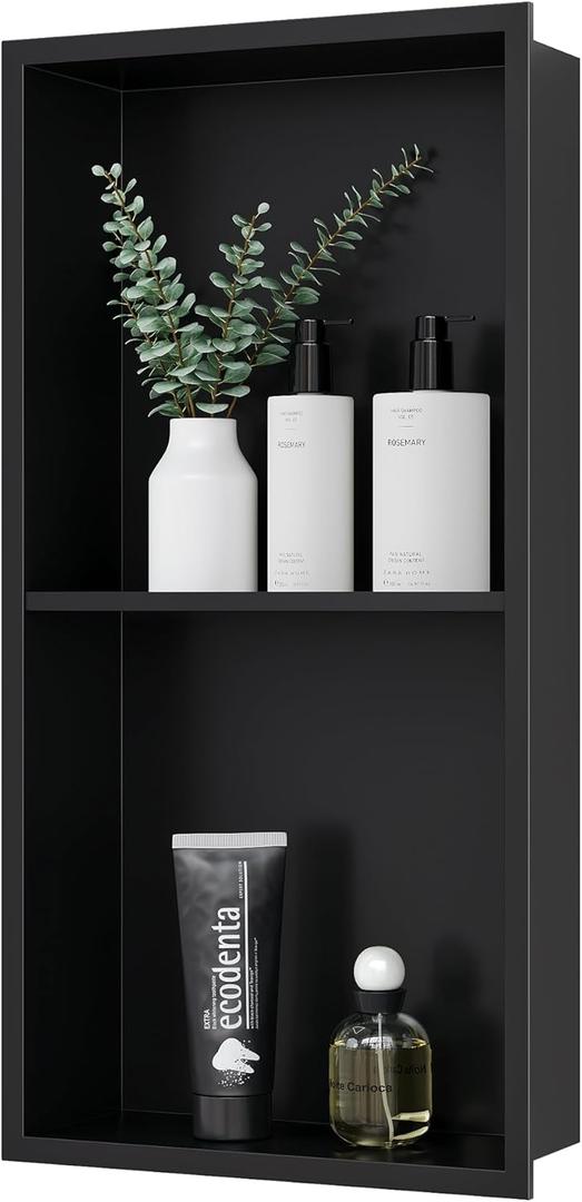 Qeke Stainless Steel Shower Niche 12" X 24", No Tile Needed Wall Niche Double Shelves, Recessed Shower Shelf for Bathroom Storage, Matte Black