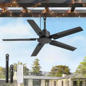 Fanbulous 48'' Outdoor Ceiling Fan No Light,IP65 Wet Rated Waterproof Ceiling Fan with Remote, 6-Speed DC Motor, Farmhouse Gazebo Fan for Porch Patios Pavilion(Black)