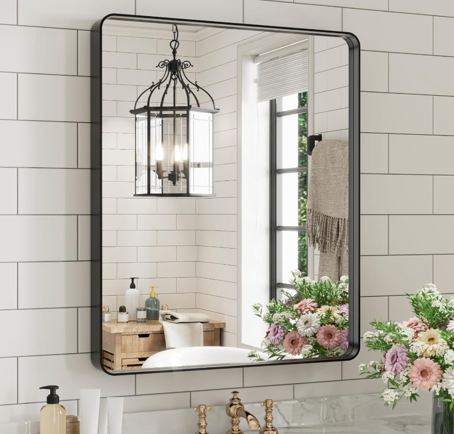 Black Bathroom Mirror for Wall, 24X30 Inch Matte Black Mirror, Rectangular Black Metal Framed Vanity Mirror with Tempered Glass, Rounded Corner, Anti-Rust (Horizontal/Vertical)
