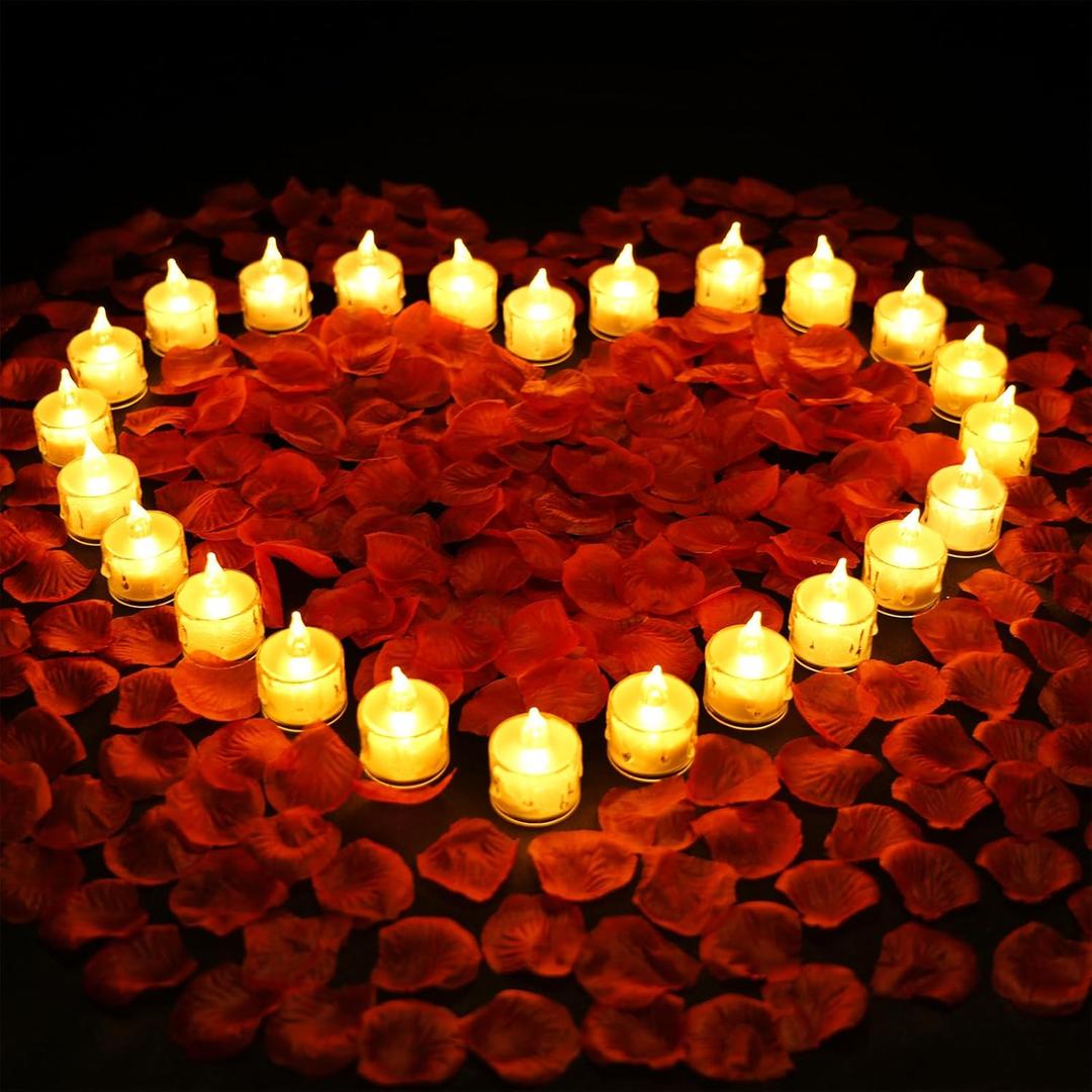 SupBri 1000 Pieces Artificial Rose Petals with 24 Pack LED Tea Lights Candle, Flameless Battery Operated Candles,Romantic Decorations Special Night Set for Valentines, Wedding Decor