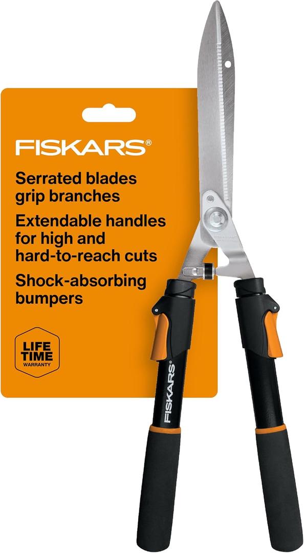 Fiskars Power-Lever Extendable Hedge Shears, Self-Sharpening Serrated Steel Blades for Clean Cuts, Handles Adjust 25"-33" for High Reach, Multiplies Leverage for 2x Power, 10" Blades, Orange/Black, 1-pack
