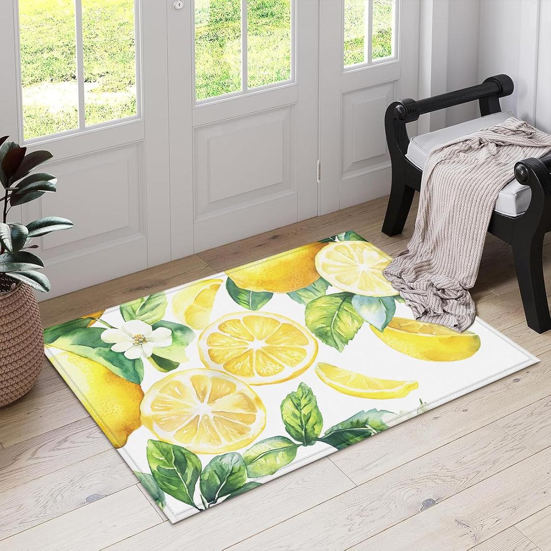 Watercolor Lemon Indoor Door Mat, Cute Citrus Welcome Outdoor Entrance Doormat for Entryway Kitchen Bathroom 17 X 29 Inch