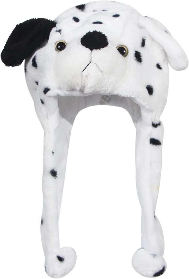 Timiot Cute Plush Animal Character Winter Hat Fun Ski Cap with Detailed Animal Face Long Ear Straps with Pom Pom Ends (One Size, Dalmatian)