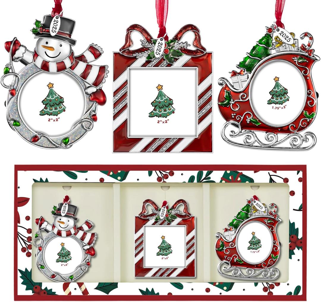 2025 Christmas Tree Ornaments 3 Piece Picture Frame Hanging Ornament Decorative Holiday Keepsake Gift Sleigh Snowman Pendant with 2 Photo Insert for Picture of Pets,Family (Christmas Set)