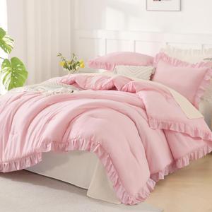 Andency Pink Comforter Set Full, 3 Pieces Lightweight Soft Rustic Pink Ruffle Comforter Women Girls, Solid Farmhouse Shabby Chic Polyester Bedding Comforter Set