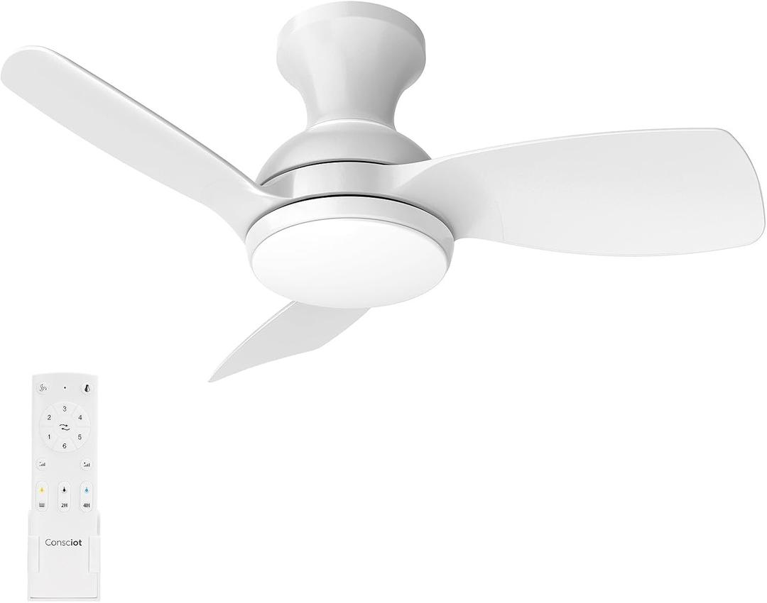Consciot Ceiling Fans With Lights, 30 Inch Ceiling Fan Remote Control, Modern Ceiling Fan, Flush Mount, for Bedroom, Dimmable, Small Ceiling Fans, Noiseless (White)