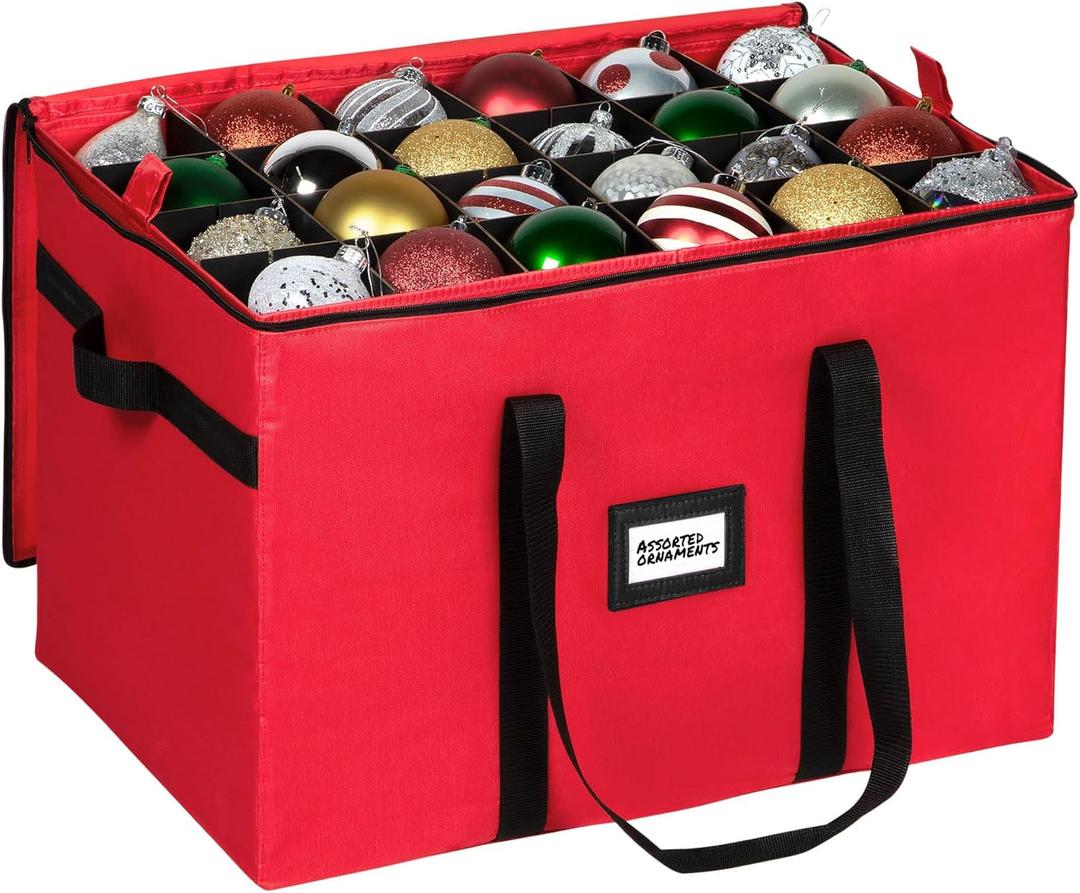 Christmas Ornament Storage Container,Box Stores Up to 96, Adjustable Dividers, Large Organizer Bin to Protect and Store Holiday Dcor (Red)
