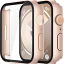 Misxi 2 Pack Tempered Glass Case Compatible for Apple Watch Series 9 Series 8 Series 7 45mm, Hard PC Screen Protector Overall Protection Scratch-Resistant Cover for iWatch, 1 Rose Gold + 1 Transparent