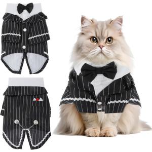 Cat Apparel, Stylish Tuxedo Outfit for Kitty with Tie, Black Stripes Pet Outfits for Wedding, Birthday, Party, Large