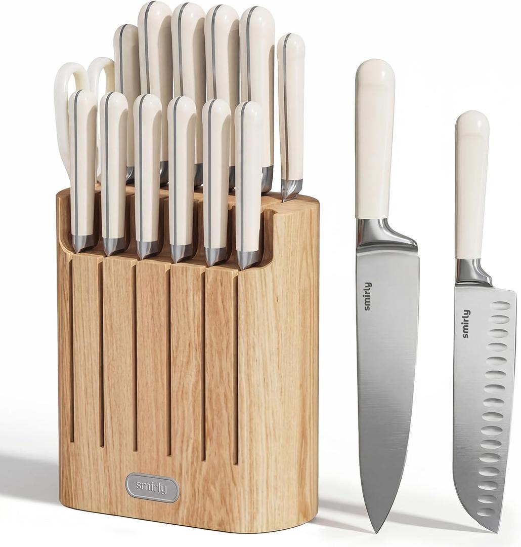 SMIRLY 14-Piece Kitchen Knife Set with Magnetic Block, High-Carbon Stainless Steel Chef Knife Set, Professional Sharpness, Dishwasher Safe, Cream White