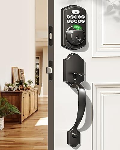 Veise Fingerprint Door Lock Set, Keyless Entry Door Lock, Front Handle Set, Electronic Keypad Deadbolt with Lever Handle, 2 Keys, Auto-Locking, One-time Codes, Easy to Install, Matte Black