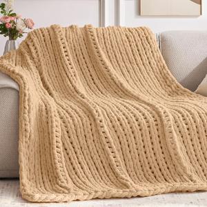 Negwoo Chunky Knit Beige Throw Blanket, 50''*60'' Knitted Throw Chenille Yarn for Bed Couch, Handmade Beige Crochet Big Thick Blanket, Machine Washable Cute Comfy Blanket for Home Decor