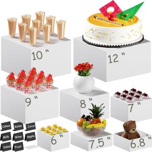 12" to 6" White Buffet Risers with Mini Sign and Makers, Large Food Risers for Buffet Table, Display Shelf Stands for Party, Catering, Dessert, Jewelry Collectibles, Nesting Cube Boxes with Hollow Bottoms Set, White(12",10",9",8",7.5",7",6.8",6")