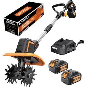 SOARFLY Upgraded Cordless Tiller for Gardening with Dual 4.0Ah Batteries, 48 Steel Tines Battery Rototiller, 9" Width 6.6" Depth Garden Tiller Cultivator for Soil, Tending & Composting (Orange)