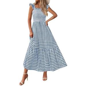 PRETTYGARDEN Womens Summer Dress Casual Square Neck Ruffle Strap Gingham Smocked Midi Flowy A Line Beach Vacation Sun Dresses size XL