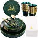 Nervure 175PCS Christmas Plastic Plates - Green and Gold Disposable Plates & Gold Plastic Silverware with Green Handle include 50 Plates 25Knives 25Forks 25Spoons 25Napkins for Christmas Party