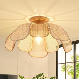 20 Inch Boho Flower Ceiling Light Flush Mount Farmhouse Rattan Light Fixtures for Bedroom Kitchen Dining Room Foyer Hallway Entryway (Yellow)