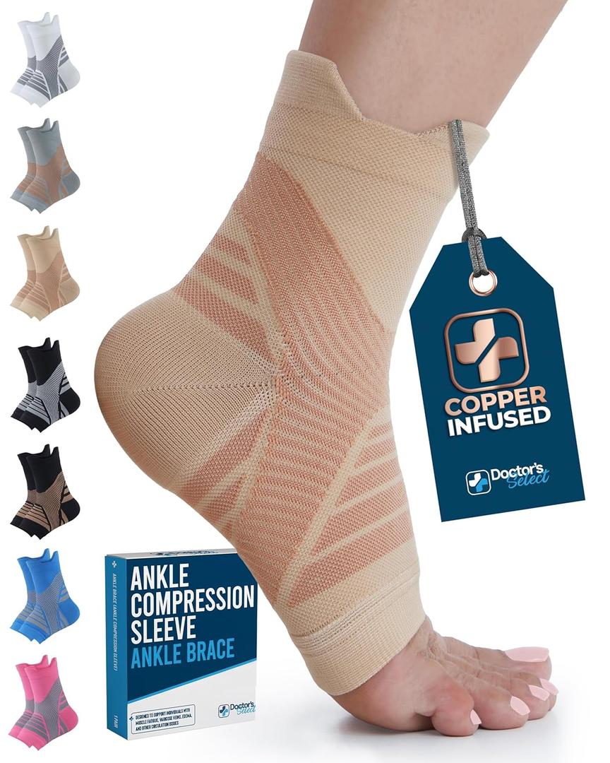 2 x Doctor's Select Copper Ankle Compression Sleeve - Toeless Compression Socks, Copper Ankle Brace for Women, Ankle Support for Men, Compression Socks for Plantar Fasciitis, Beige (Large, Beige - 1 Pair)