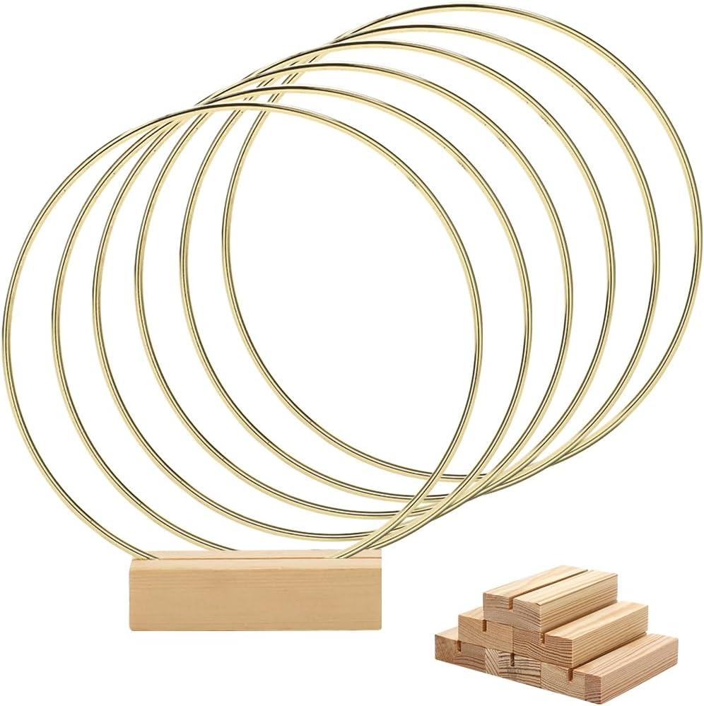 Worown 6 Pack 8 Inch Floral Hoop Centerpiece for Wedding, Gold Metal Rings with Wooden Stand - Table Decor, Wreath Decor for Wedding, Party, Wall Hanging (20cm Hoop, 3.15in Base)
