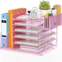 File Organizer for Desk, 6 Tier Desk Organizer Paper Tray with File Holder Pen Holder, Mesh Office Desk Accessories & Workspace Organizers (Pink)