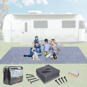 FoundGo Awning Carpet HDPE Camping Outdoor Rug with Eyelets,Nails,Broom,for RV,Patio,Backyard,Picnic,Beach,Trailer 9'*12' (2.74 * 3.66m) -Blue Grey