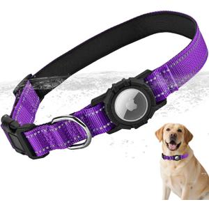 Airtag Dog Collar with Waterproof Air Tag Holder, Integrated Reflective Pet Collar with Soft Padding, Adjustable Nylon Collar for Small Medium Large Dogs, Purple, S (11.8"-15.7")