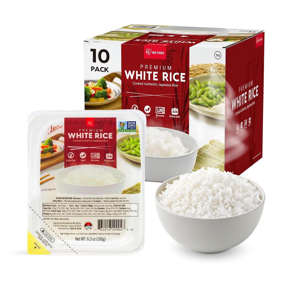 IRIS Instant White Rice, 10PK, Japanese Short Grain Vegan, Microwave 80 sec (EXP 12/01/26)