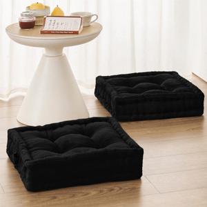 Square Floor Pillows for Adults Kids - Meditation Floor Pillow Seating Cushion - Tufted Floor Cushion with Shredded Foam & Velvet Cover, 2 Pack, 20x20 Inch, Black