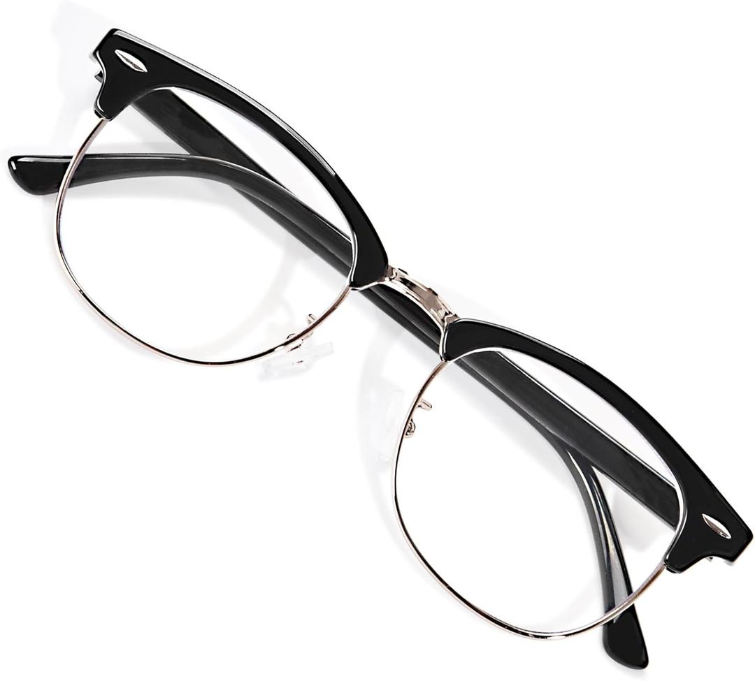 OPTOFENDY Reading Glasses for Women Men, Half Frame Retro Semi Rimless Blue Light Blocking Computer Readers, Clear Lens (Black)