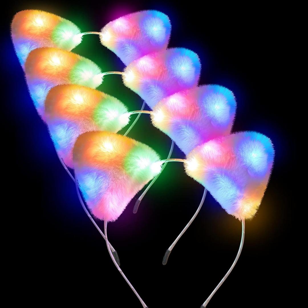 Juexica Light up Cat Ear Headband LED Kitty Ear Furry Cute Headbands Glow for Party Concert Night Clubs Birthday Cosplay (Multicolor)