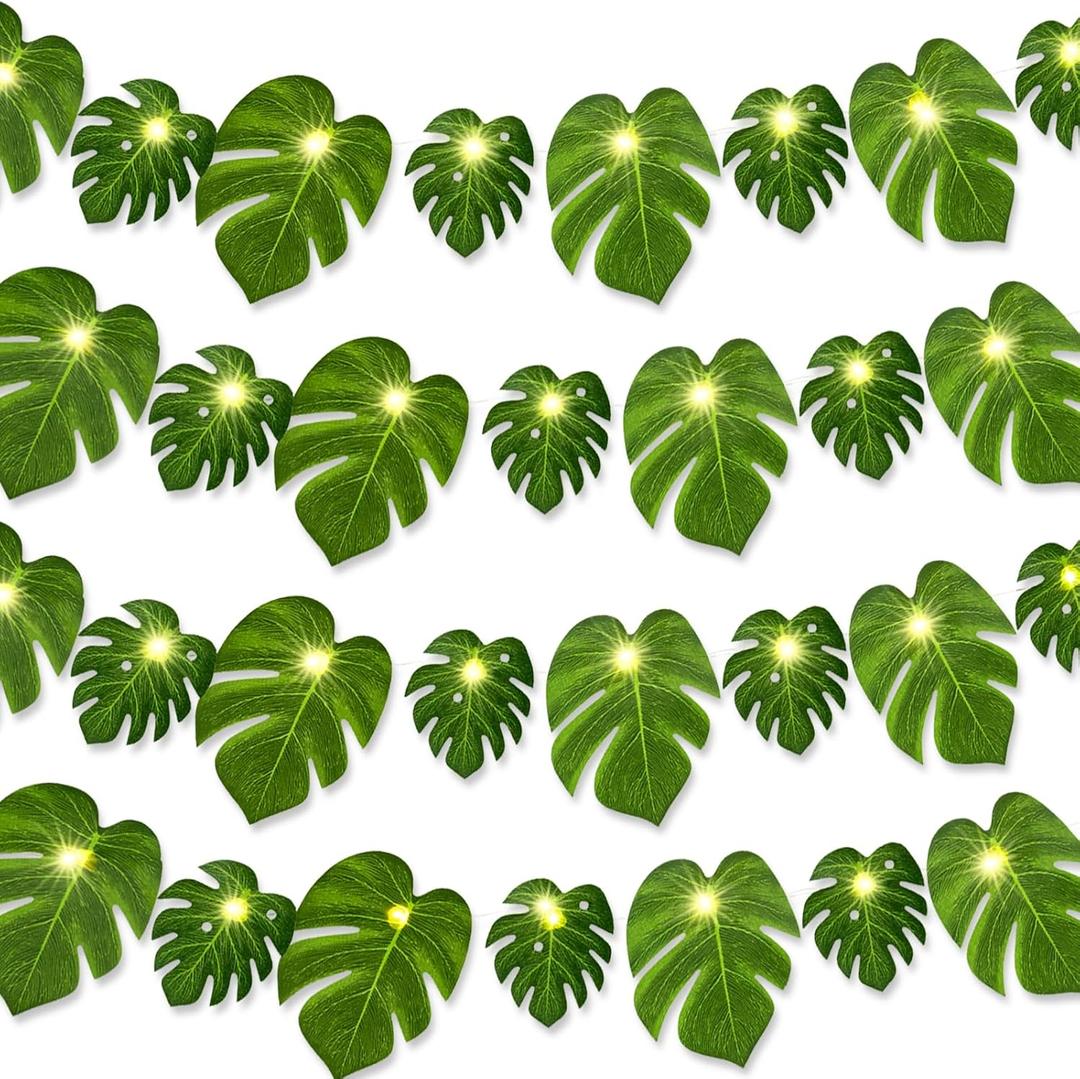 GuassLee 13.12 FT Hawaiian Tropical Party Decoration String Lights-40 LED Monstera Leaf String Lights for Luau Aloha Jungle Themed Party Decorations Supplies (2 Pcs)