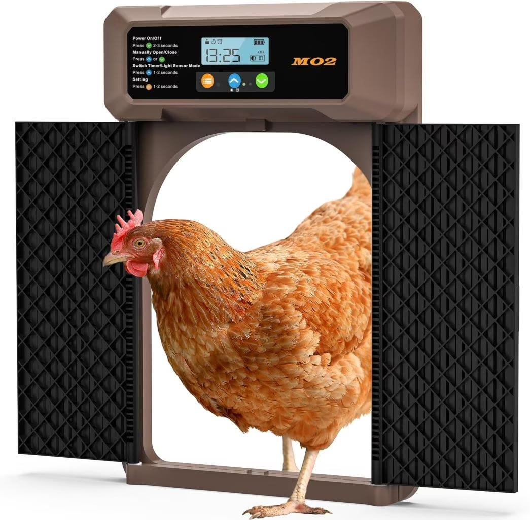 Automatic Chicken Coop Door Solar Powered with Single-Direction Double Door, LCD Screen Electric Chicken Door with 4 Open Mode of Timer, Light Sensor, Remote Control, Manual, Rechargeable Poultry Door