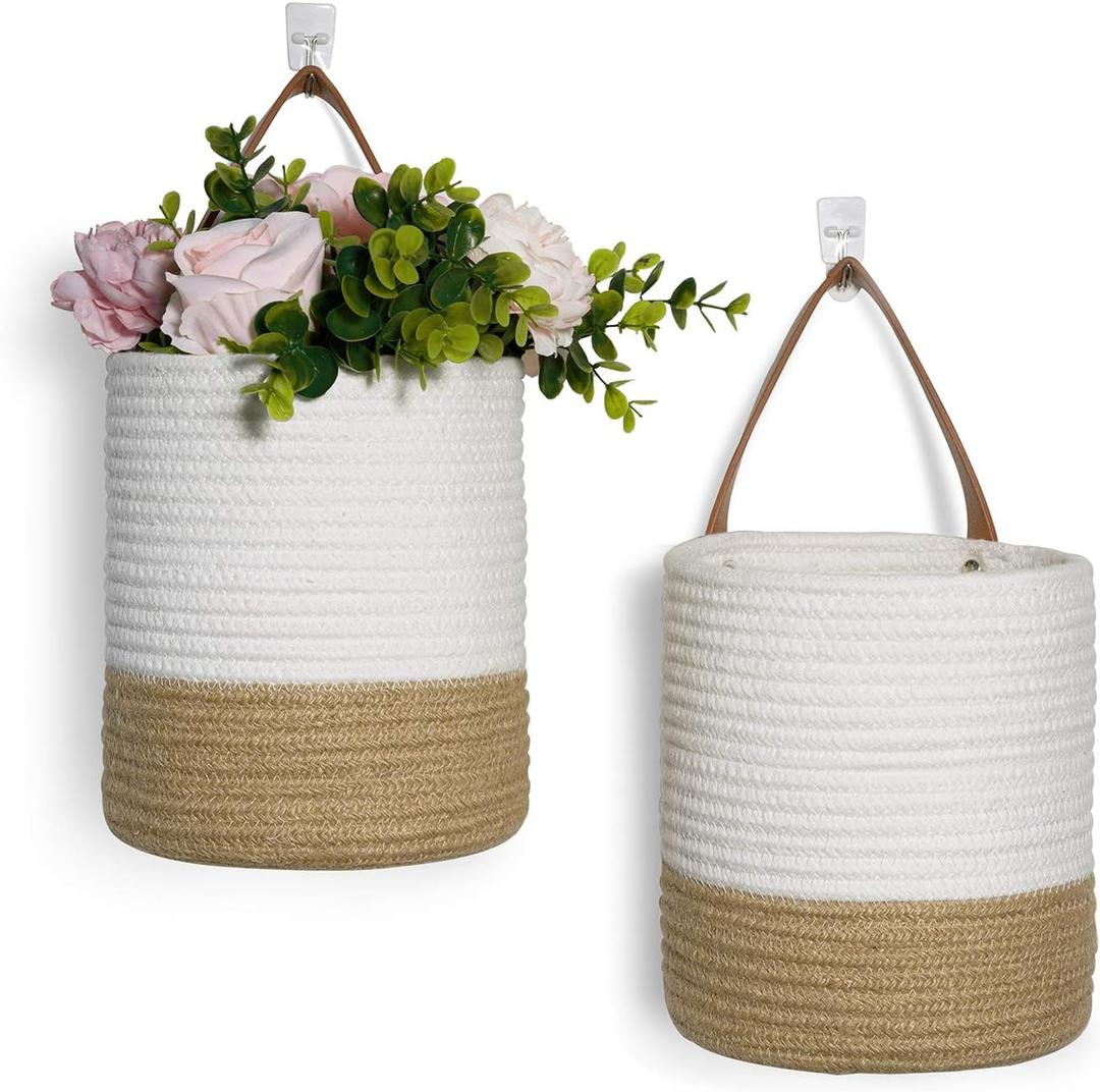 Goodpick 2pack Jute Rope Hanging Basket - Small Woven Fern Wall Hanging Baskets Flower Plants, Woven Basket Key Storage Baskets, White and Jute 7.87 x 7 x 11.7 inches