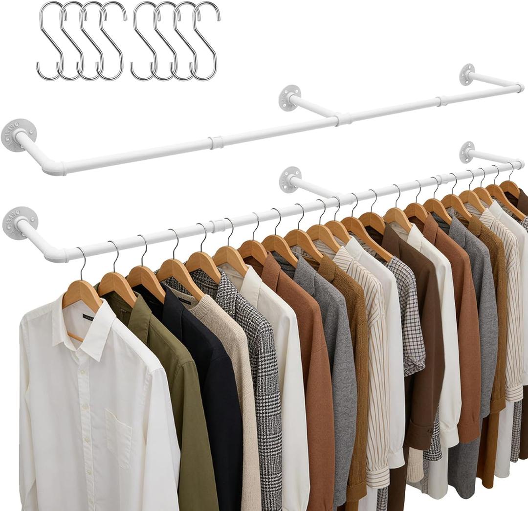 Aduanbang 65.7in Industrial Pipe Wall Mounted Clothes Rack, Heavy Duty Detachable Iron Garment Bar, Rustic Space-Saving Hanging Rod for Bedroom, Closet White, 4 hooks (2)