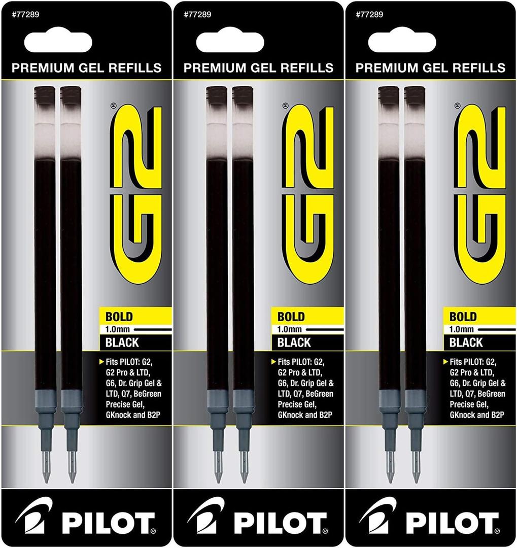 Pilot G2 Gel Ink Pen Refills, Bold Point, 1.0mm, Black Ink, 6 Refills