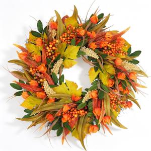 26" Fall Wreath for Front Door Outside Harvest Autumn Wreath, Orange Lantern