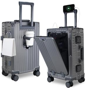 Gets 20 Inch Aluminum Frame Carry On Luggage with Front Pocket,Airline Approved Zipperless Hard Shell Suitcase,360 Spinner Wheels, TSA Locks, USB Charging Port, Cup & Phone Holder-Grey