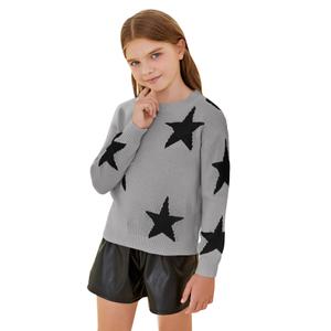 WDIRARA Girl's Star Printed Round Neck Long Sleeve Sweater Casual Drop Shoulder Pullover Knitwear Grey Black 8Y (Gray, S)